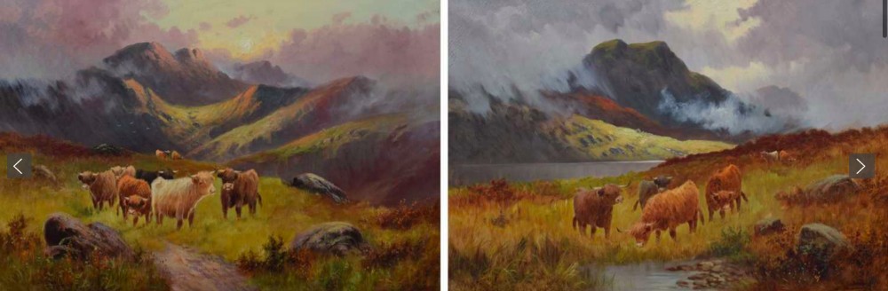 Large Pair of C W Oswald. Exh 1882-1900. Highland cattle Oil paintings