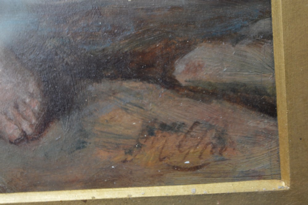 A pair of framed Scottish oil paintings depicting coastal children seated outdoors set within gilded frames. View VI