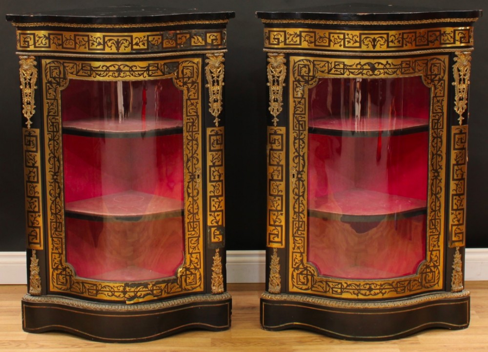 Fine pair of ebony and brass Boulle corner cabinets