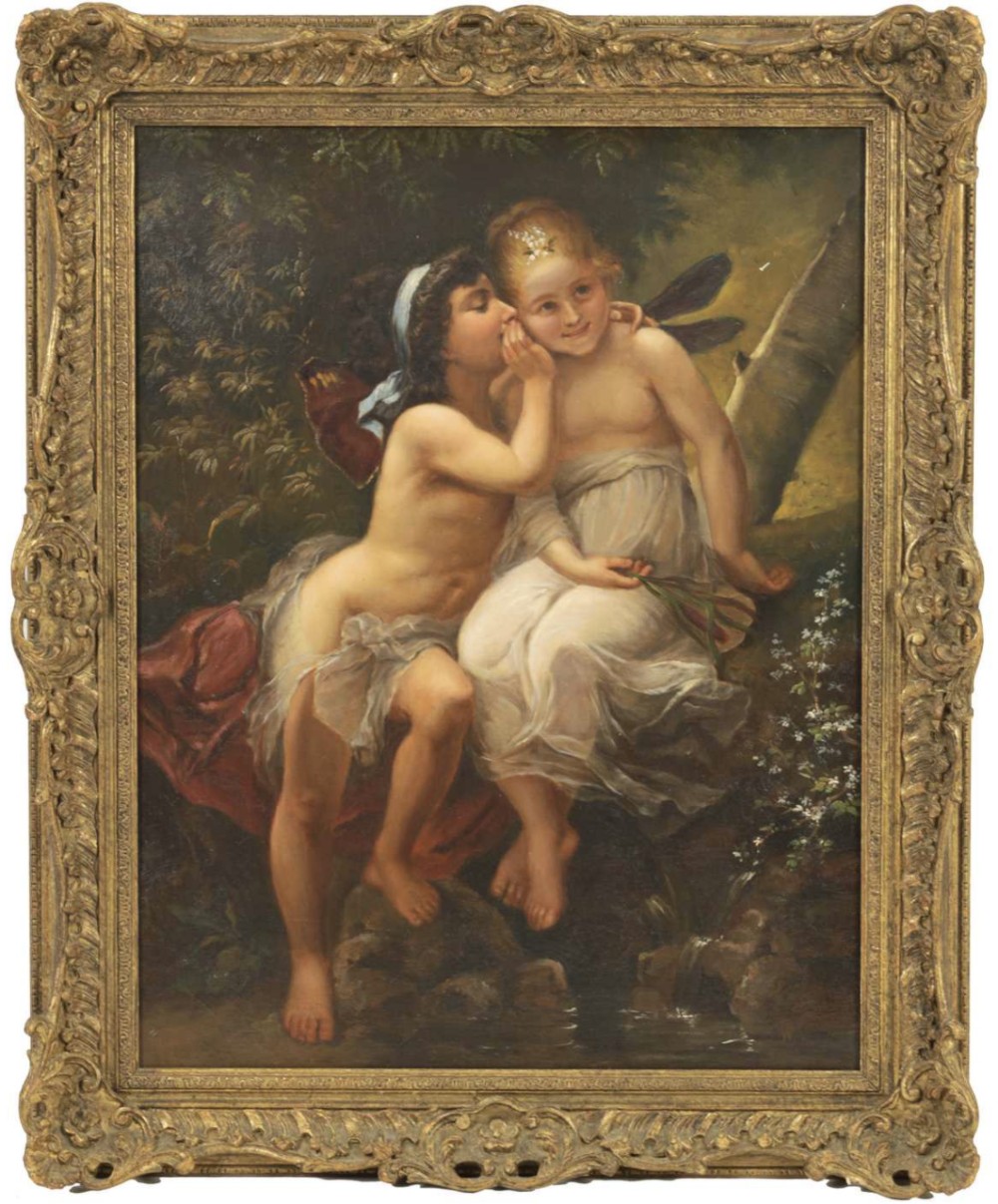 A 19th century Oil painting Cherubs by a stream.