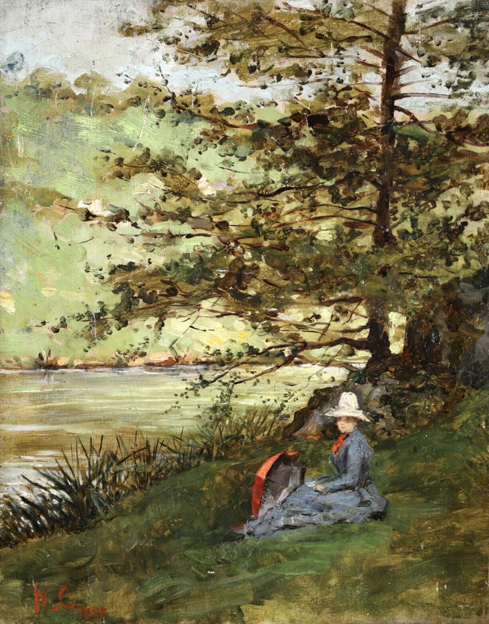 An antique late 19th-century French Impressionist oil painting depicting a woman in a blue dress seated under a large tree beside a river.
