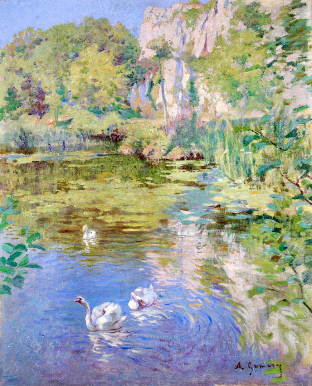 An Impressionist oil painting depicting white swans swimming on a pond with surrounding green trees and limestone cliffs.