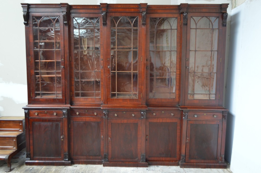 Regency period mahogany five door breakfront bookcase