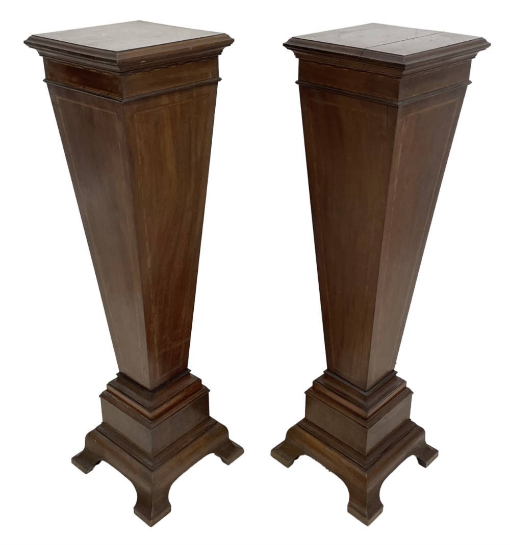 Pair Edwardian inlaid mahogany pedestals