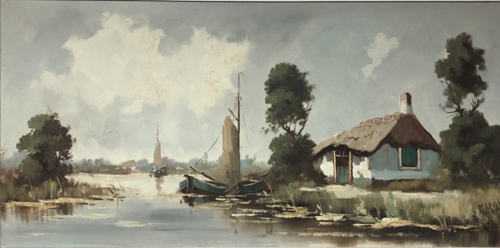 Willem Maris (1844 -1910) Oil painting. (Dutch Canal scene)