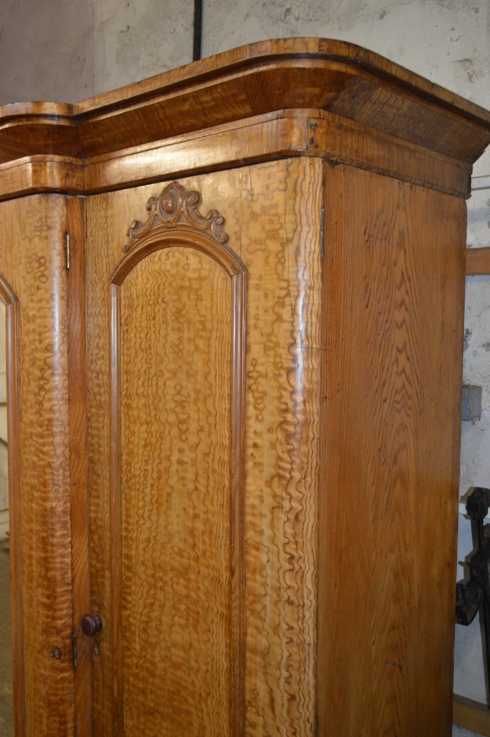A Victorian Breakfront fiddleback Ash three door mirror wardrobe View II