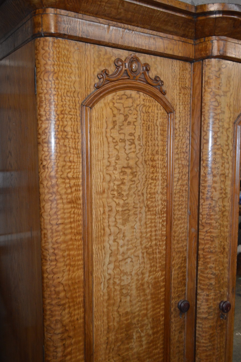 A Victorian Breakfront fiddleback Ash three door mirror wardrobe View III