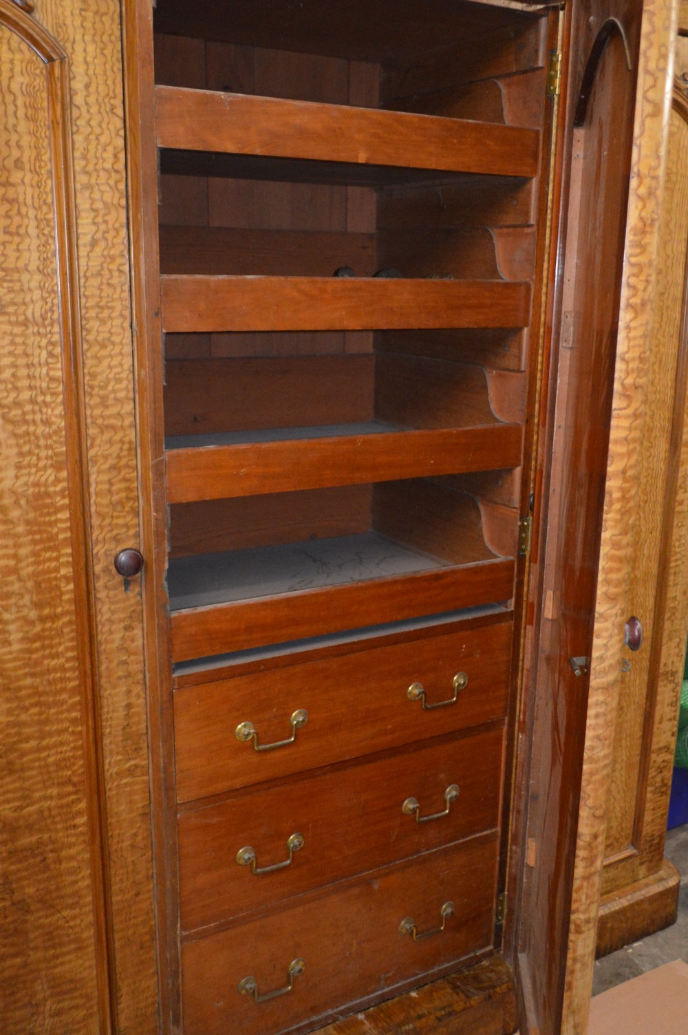 A Victorian Breakfront fiddleback Ash three door mirror wardrobe View IV