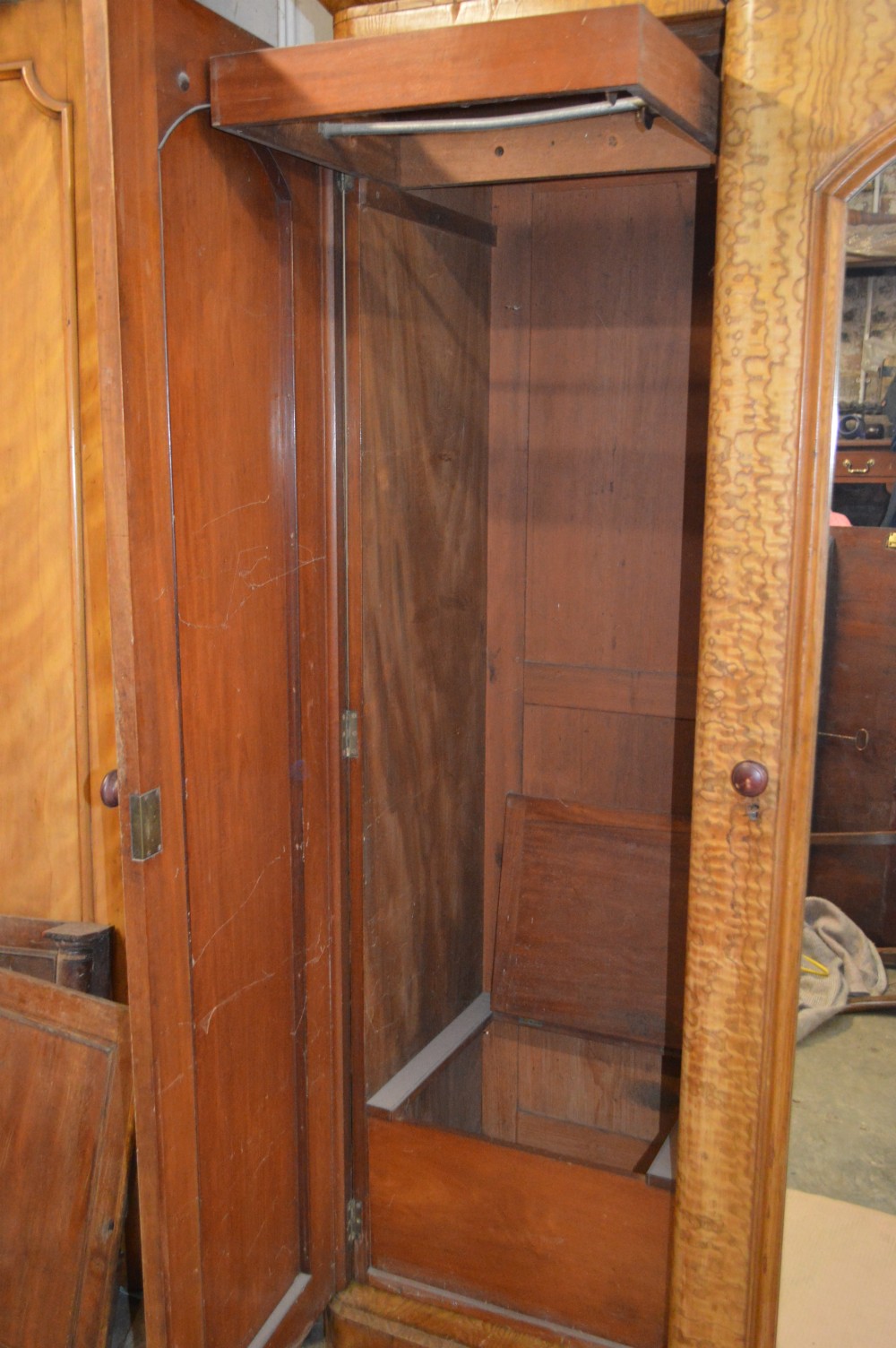 A Victorian Breakfront fiddleback Ash three door mirror wardrobe View V