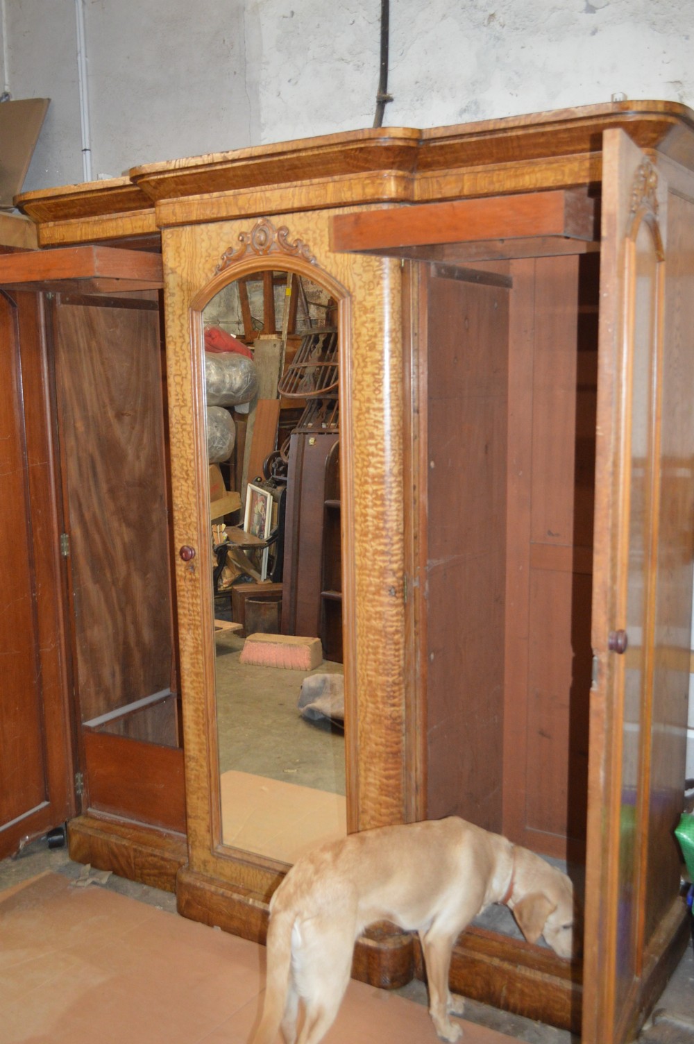 A Victorian Breakfront fiddleback Ash three door mirror wardrobe View VI