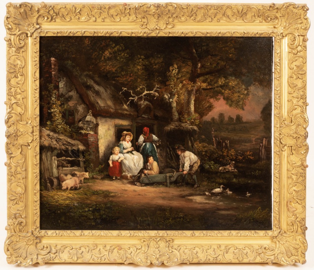 An eighteenth-century oil painting depicting a rustic cottage scene with figures and farm animals, set within an ornate gilded swept frame.