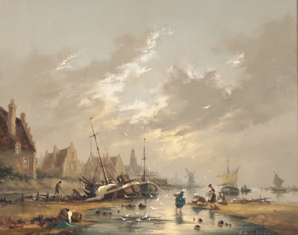 An oil painting depicting a Dutch coastal harbour scene with fishing vessels, shoreline figures, gabled buildings, and a distant windmill under a cloudy sky.