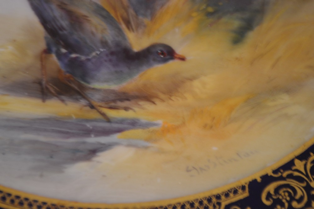 A circular Royal Worcester porcelain cabinet plate featuring a central hand-painted scene of game birds in flight surrounded by a dark cobalt blue rim with gold scrollwork gilding. View XIII
