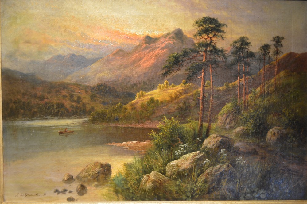 An antique oil painting depicting a Scottish loch surrounded by mountains and pine trees under a golden sunset sky.