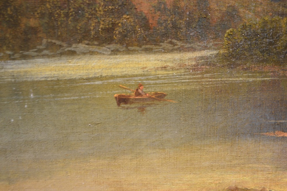 An antique oil painting depicting a Scottish loch surrounded by mountains and pine trees under a golden sunset sky. View II