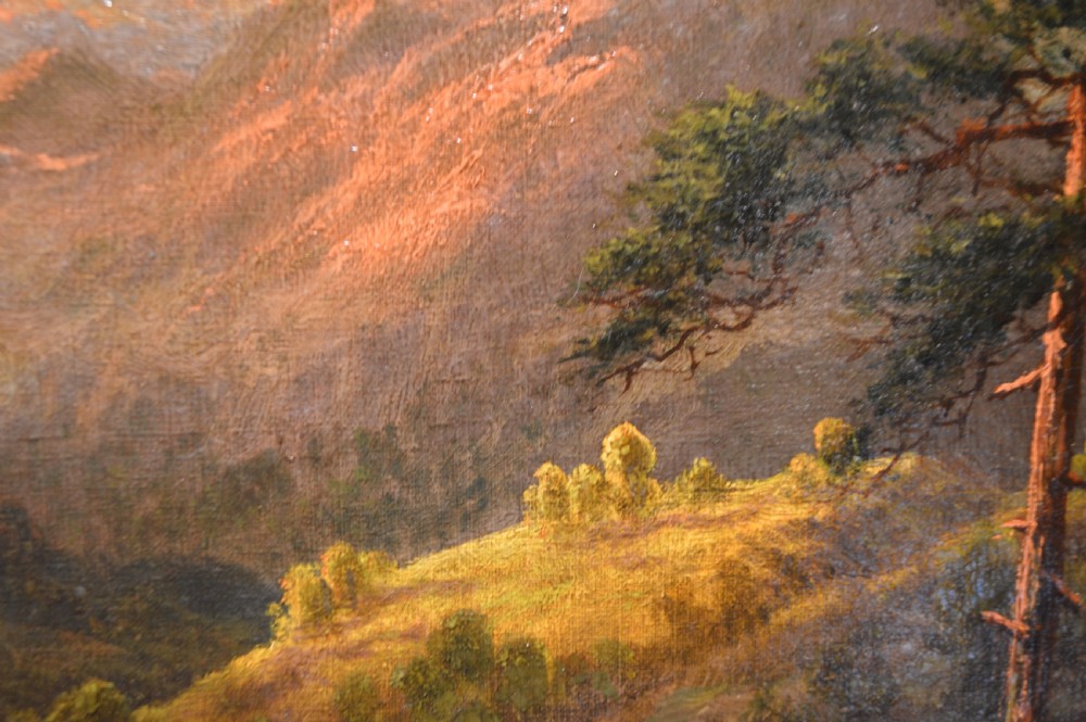 An antique oil painting depicting a Scottish loch surrounded by mountains and pine trees under a golden sunset sky. View III