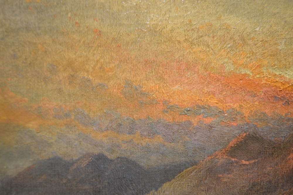 An antique oil painting depicting a Scottish loch surrounded by mountains and pine trees under a golden sunset sky. View IV