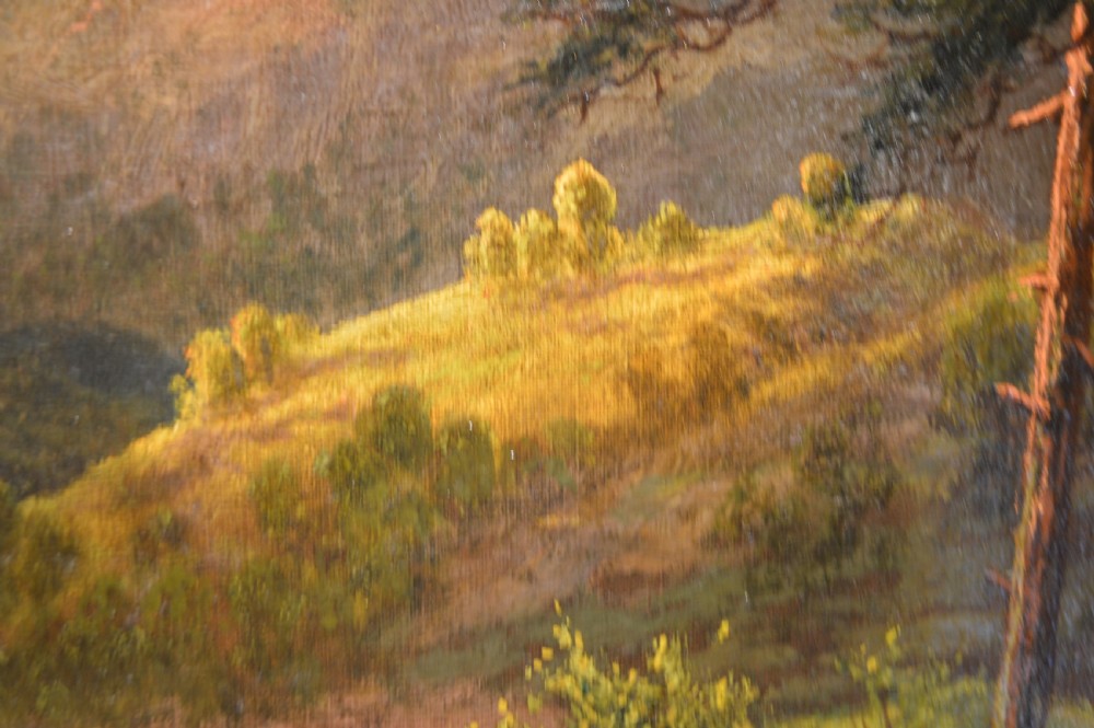 An antique oil painting depicting a Scottish loch surrounded by mountains and pine trees under a golden sunset sky. View V