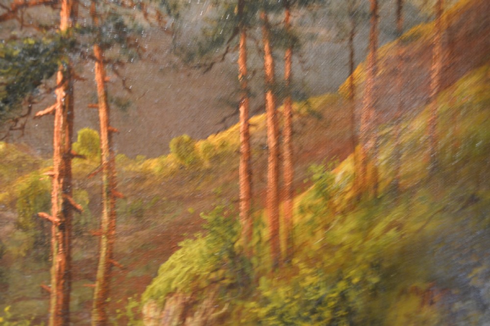 An antique oil painting depicting a Scottish loch surrounded by mountains and pine trees under a golden sunset sky. View VI