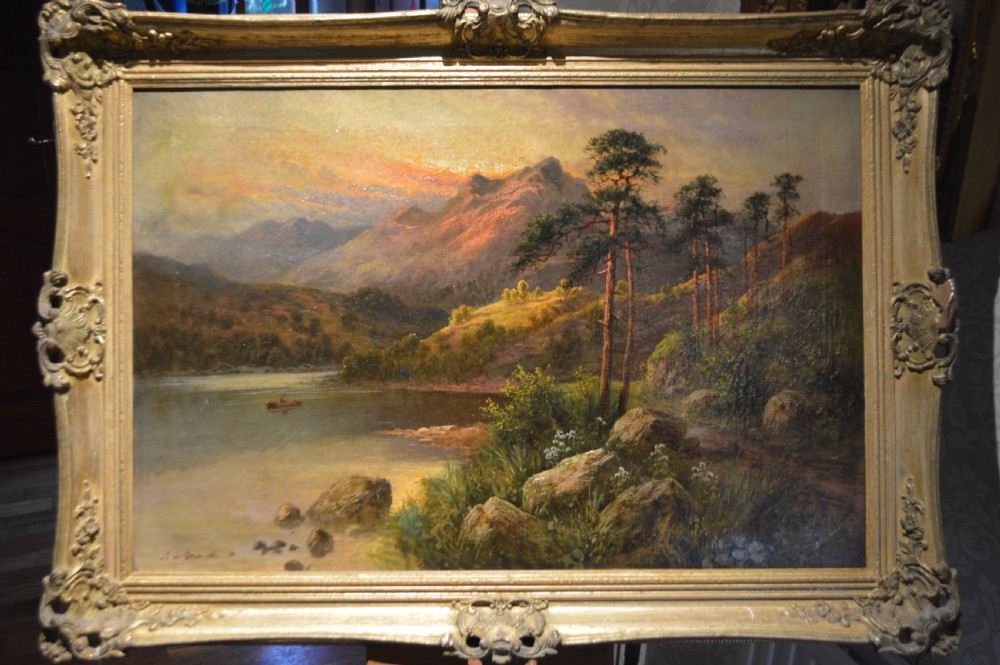 An antique oil painting depicting a Scottish loch surrounded by mountains and pine trees under a golden sunset sky. View VII