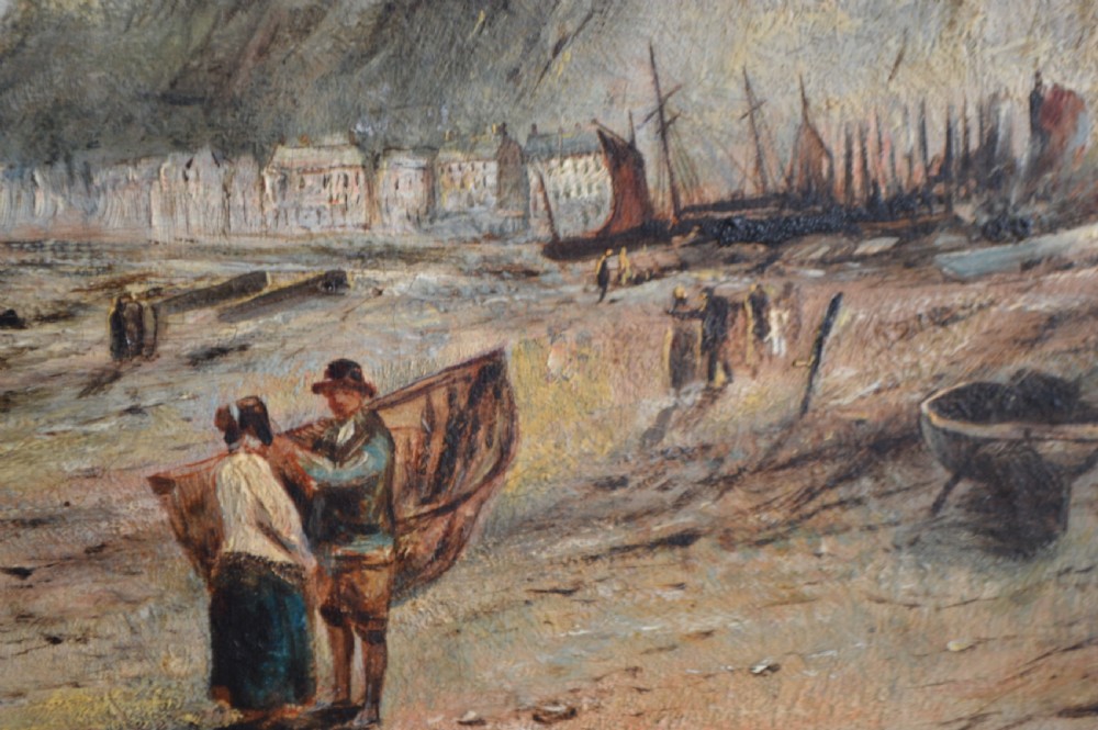 A 19th-century coastal oil painting depicting figures on a beach near cliffs, housed in an ornate giltwood frame. View II