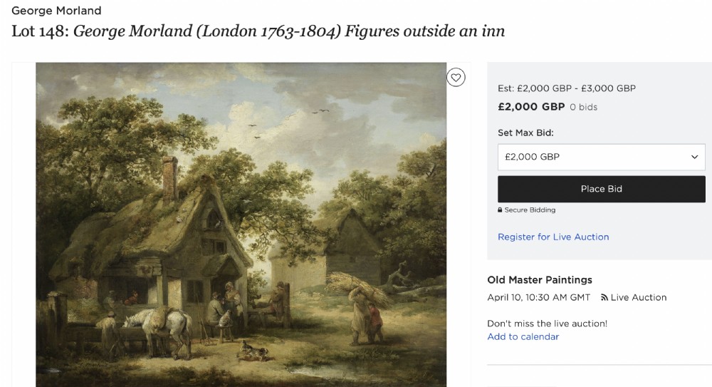 An eighteenth-century oil painting depicting a rustic cottage scene with figures and farm animals, set within an ornate gilded swept frame. View XI