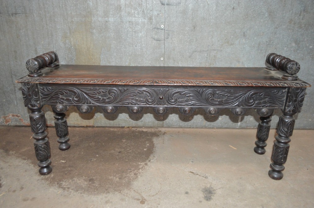Victorian carved oak hall bench