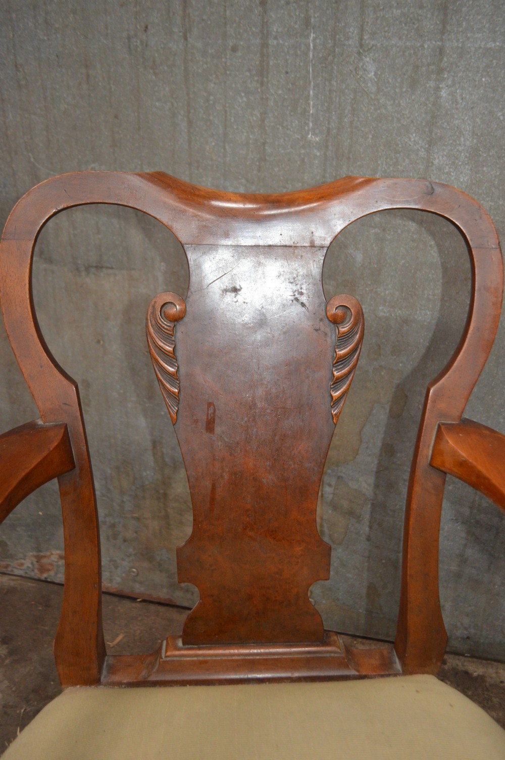 A pair of antique burr walnut low-seated armchairs with vasiform splats, carved cabriole legs, and yellow upholstered seats. View III