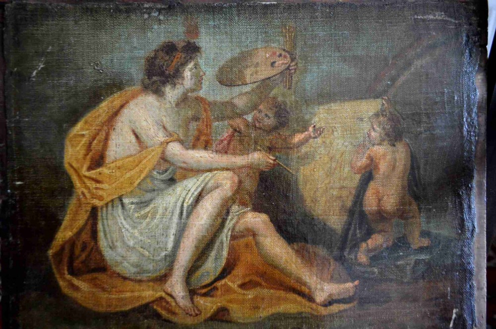 An eighteenth-century oil painting on canvas depicting a classical figure draped in yellow fabric holding an artist palette alongside two cherubs.