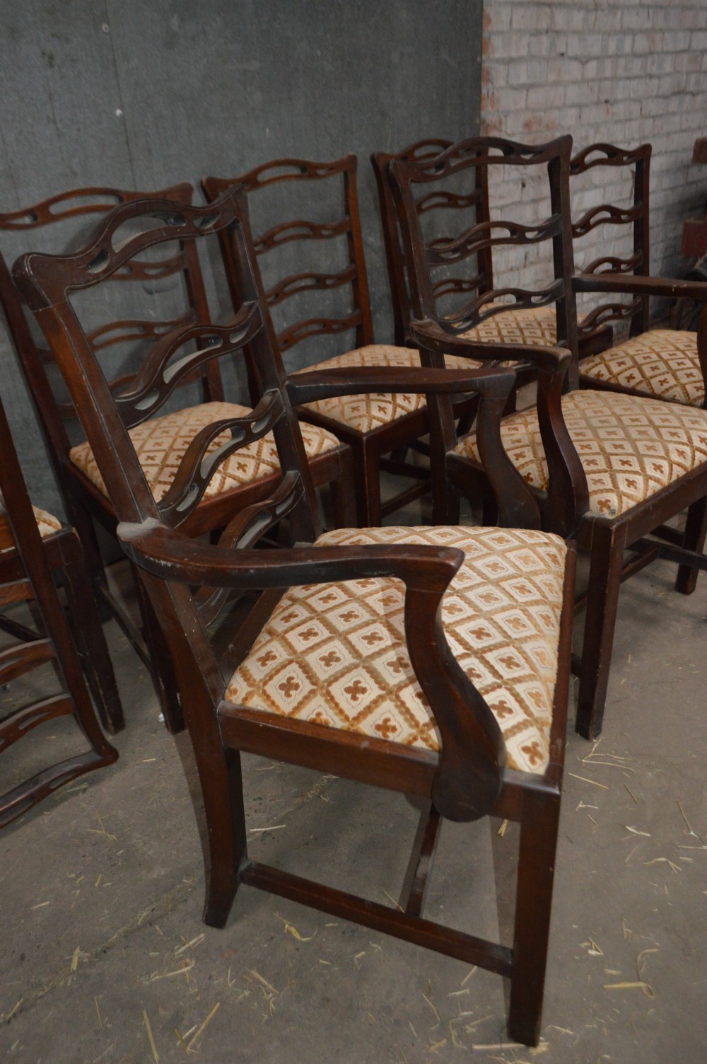 Set of eight Victorian S&H Jewell ladder back dining chairs View VI