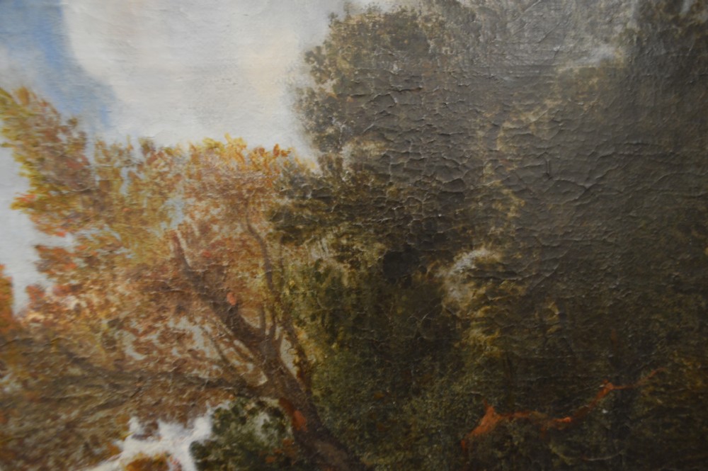 A large gilt-framed 17th-century oil painting depicting a dynamic cavalry skirmish set against a landscape background. View IX