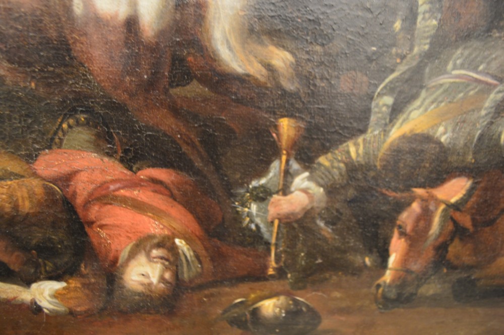 A large gilt-framed 17th-century oil painting depicting a dynamic cavalry skirmish set against a landscape background. View XI