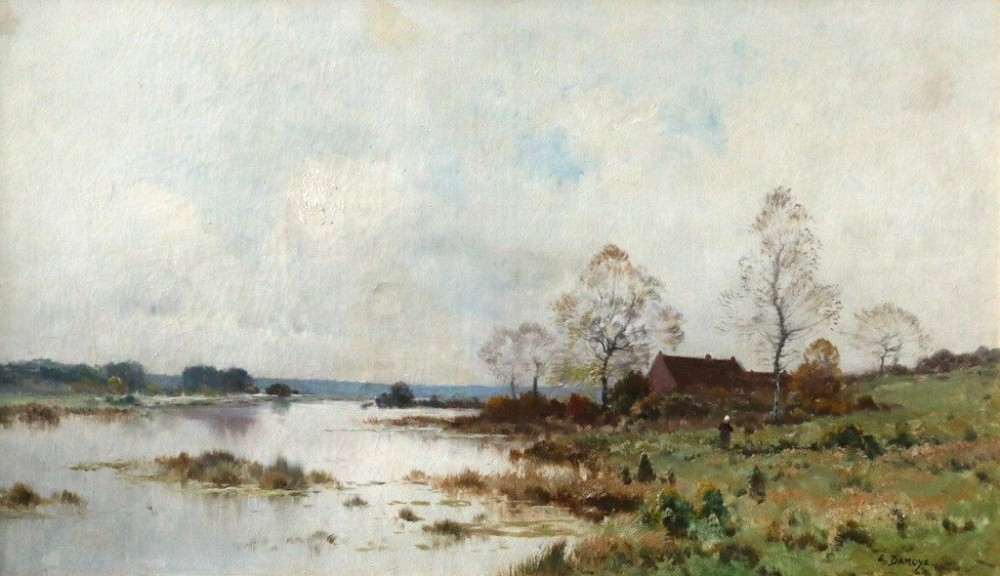 A 19th-century French landscape oil painting depicting a calm river, bare trees, and a small cottage under an overcast sky.