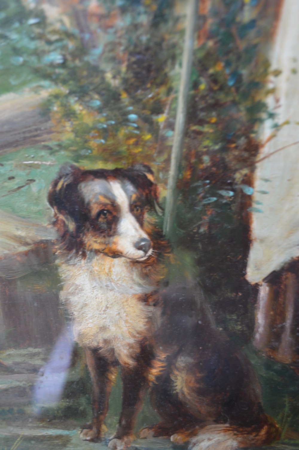 A 19th-century Victorian oil painting depicting a shepherdess holding a crook standing next to a sheepdog in a rural field. View V