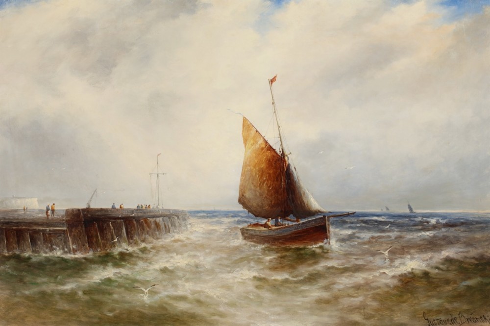A 19th-century oil painting depicting a sailing boat navigating choppy coastal waters beside a pier under an overcast sky.