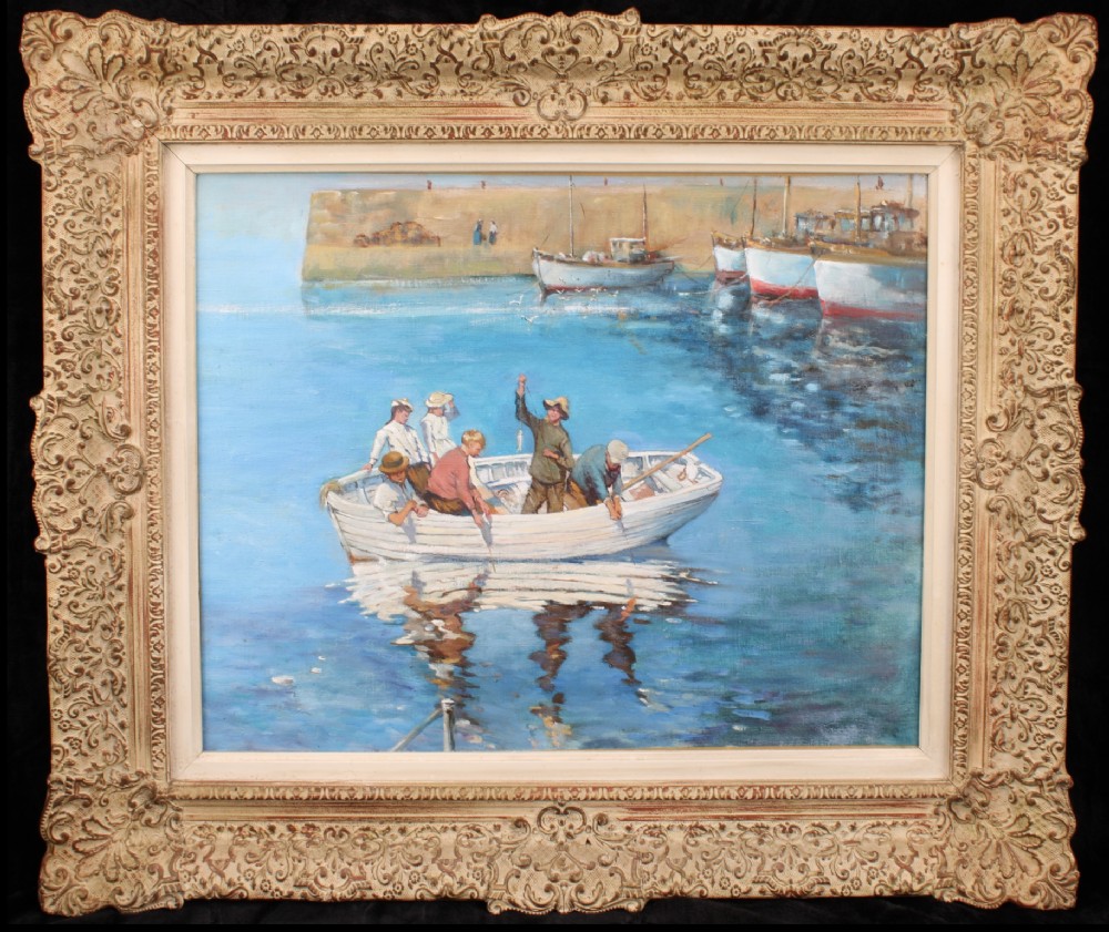 An oil painting depicting a harbour scene with figures in a boat, set inside a heavily carved, off-white decorative frame.