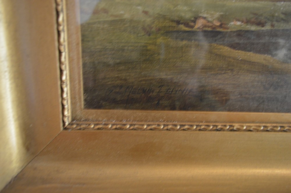 A framed oil painting depicting a Scottish Highland landscape with a river, green banks, pine trees, and a mountain peak in a wide gilt frame. View II