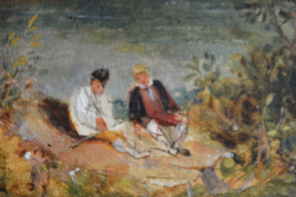 A 19th-century oil painting depicting a countryside river landscape with two seated figures in the foreground and a large building on a hill in the distance under a cloudy sky. View III