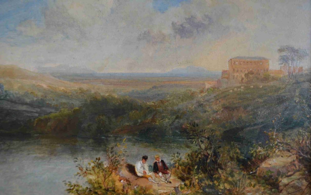 A 19th-century oil painting depicting a countryside river landscape with two seated figures in the foreground and a large building on a hill in the distance under a cloudy sky.