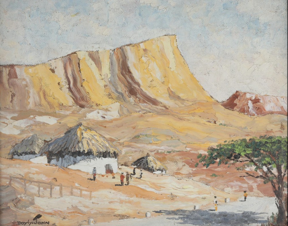 An impasto oil painting depicting a rocky mountain landscape with small thatched huts and figures beneath a light blue sky.