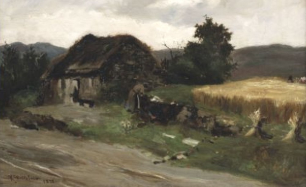 An antique framed oil painting depicting a rural Scottish cottage landscape with surrounding fields and hills in a gilt wood frame. View II