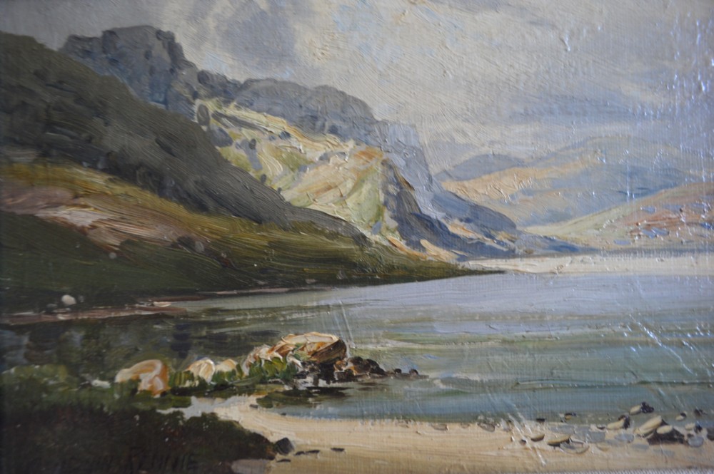 An oil painting on canvas depicting a Scottish Highland loch landscape within a carved gold gilt frame. View II
