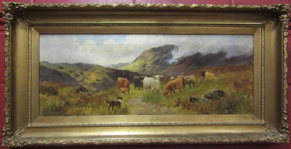 A panoramic Victorian oil painting on canvas depicting Highland cattle in a misty mountain landscape, housed within a deep giltwood frame.