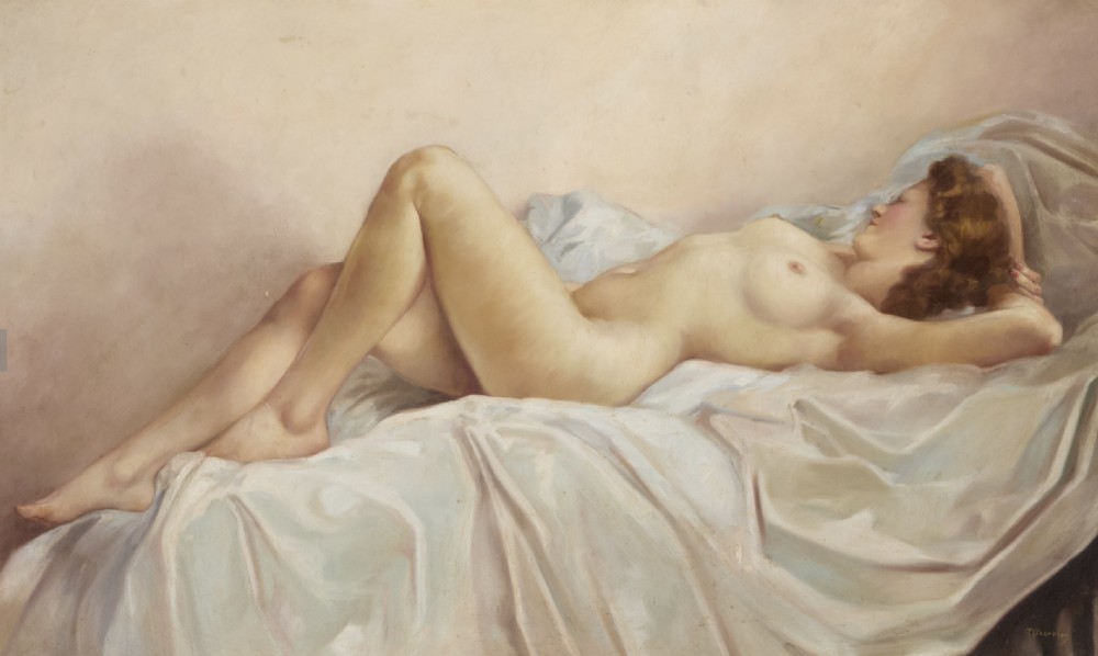 A large oil painting depicting a reclining classical female nude on draped white fabric, set inside an ornate gilded frame with corner shell motifs. View II