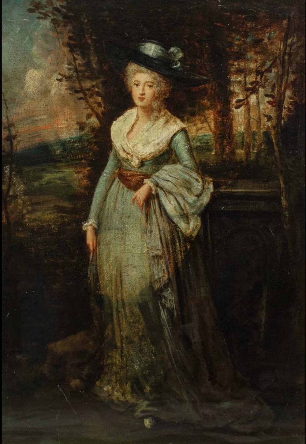 An oil painting on canvas depicting a woman in 18th-century attire with a wide-brimmed hat standing in a woodland landscape.