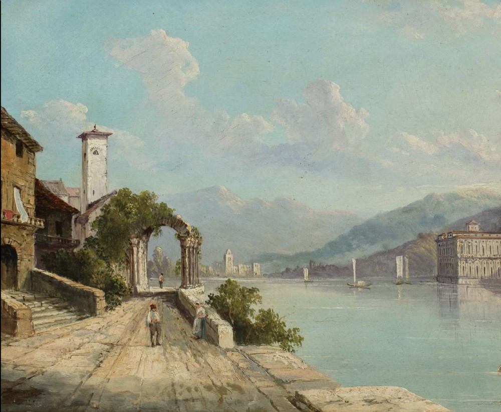 English school,19th cent  (Italian Lake scene. Oil painting