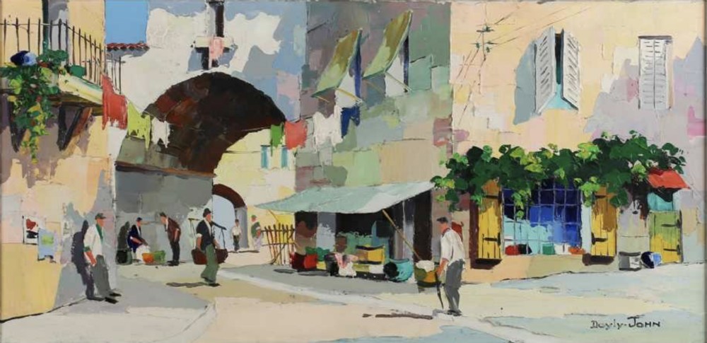 A mid-century impasto oil painting depicting a sunlit Mediterranean street scene in Cannes with arched buildings, market figures, and blue shutters.