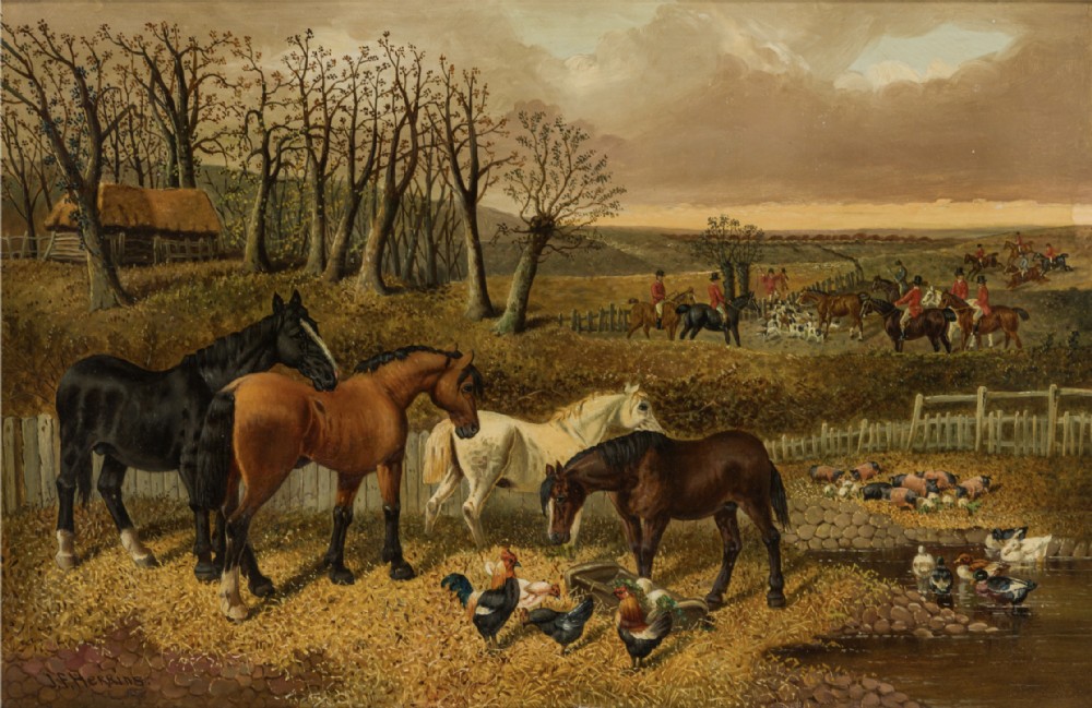 A Victorian oil painting depicting horses, farmyard fowl, and ducks beside a pond with a fox hunt taking place in the distant landscape.