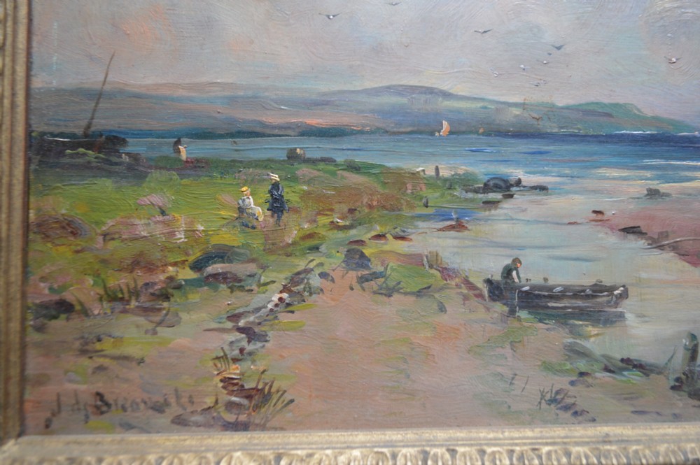 An oil painting depicting a coastal shoreline scene with figures, small boats, a dark-sailed vessel, and low hills under a cloudy sky. View IV