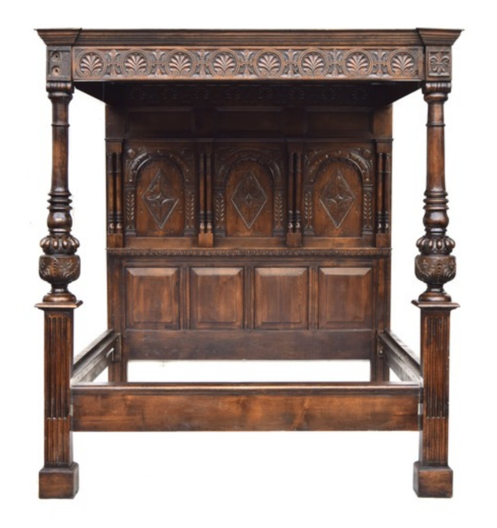 17th cent style carved oak four poster tester bed.